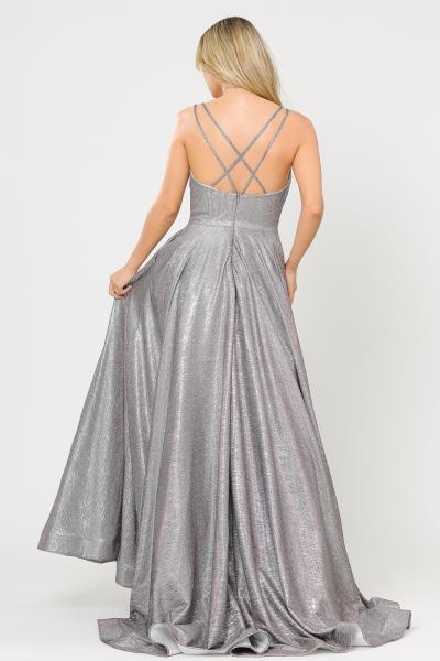 ($79.00 EA X 6 PCS) Memorable Radiance: Silver Foiled Glitter Knit Double Strap Gown with Deep Sweetheart Neckline and Open Back