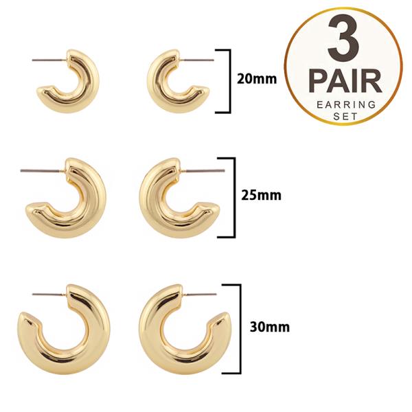 METAL PUFFY HOOP EARRING 3 PAIR SET