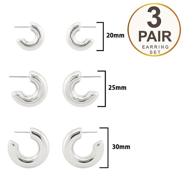 METAL PUFFY HOOP EARRING 3 PAIR SET