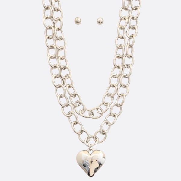 PUFFY HEART OVAL LINK LAYERED NECKLACE