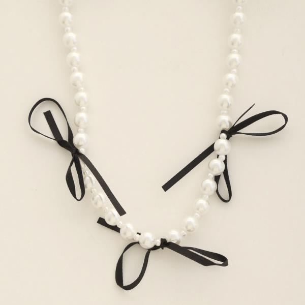 PEARL BEAD RIBBON BOW NECKLACE