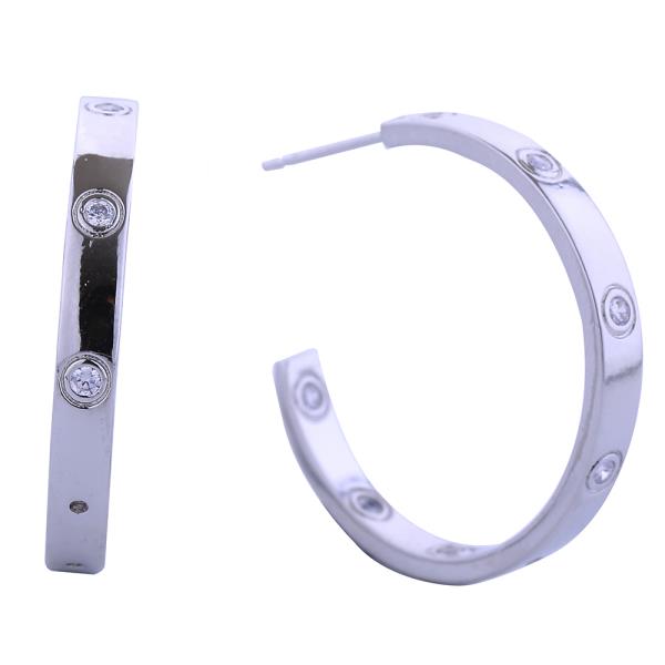14K GOLD WHITE GOLD DIPPED LOVE LUV PAVE CZ HOOP POST EARRINGS