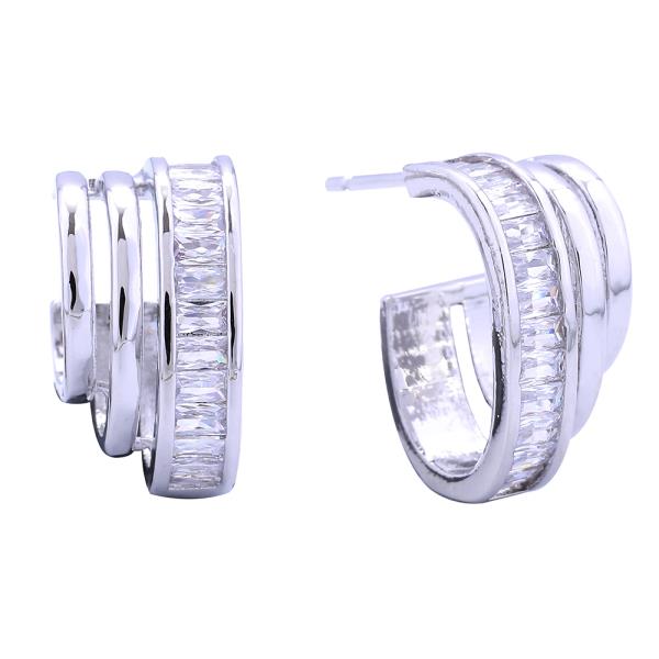 14K GOLD WHITE GOLD DIPPED TRIO HOOP PAVE CZ POST EARRINGS