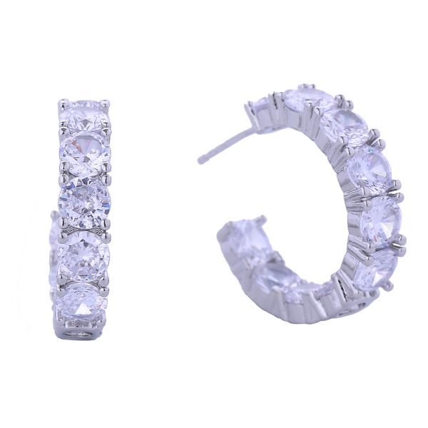 14K GOLD WHITE GOLD DIPPED METRO HOOP PAVE CZ POST EARRINGS