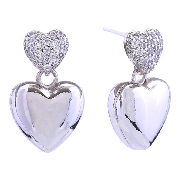 14K GOLD WHITE GOLD DIPPED DOUBLE HEART PAVE CZ POST EARRING