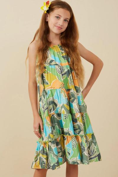 ($30.95 EA X 4 PCS) Girls Textured Botanical Print Tiered Tank Dress