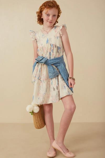 ($28.95 EA X 4 PCS) Girls Watercolor V Neck Tiered Ruffled Dress