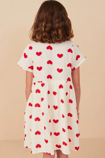 ($28.95 EA X 4 PCS) Girls Heart Print Gauze Textured Button Detail Dress