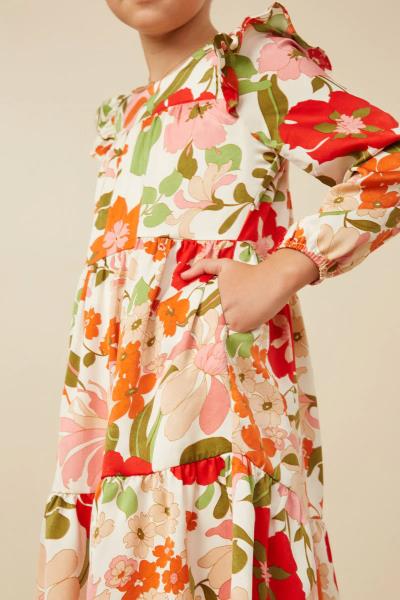 ($31.75 EA X 4 PCS) Girls Satin Floral Ruffled Detail Long Sleeve Dress