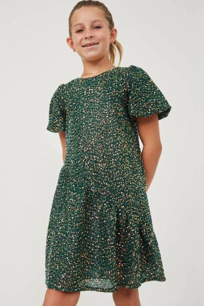 ($29.95 EA X 4 PCS) Girls Sequined Asymmetric Hem Puff Sleeve Dress