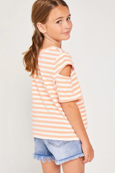 ($18.50 EA X 4 PCS) Girls Stripe Sleeve Cutout Tie-Front Tee