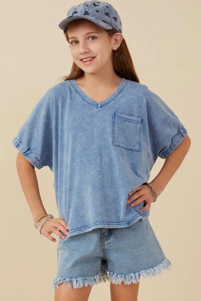 ($19.95 EA X 4 PCS) Girls Garment Washed V Neck Elastic Sleeve T Shirt