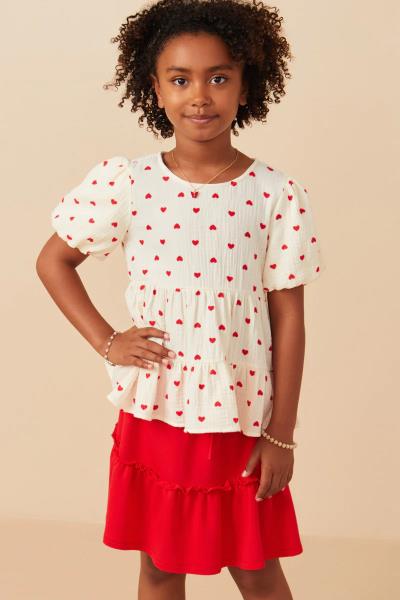 ($21.95 EA X 4 PCS) Girls Gauze Textured Ditsy Heart Tiered Top