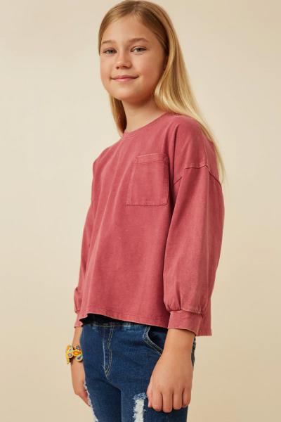 ($19.95 EA X 4 PCS) Girls Drop Shoulder Washed Long Sleeve Knit T Shirt
