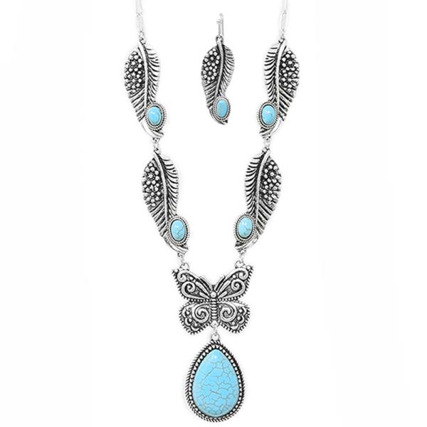 WESTERN STYLE METAL TQ STONE PENDANT NECKLACE EARRING SET