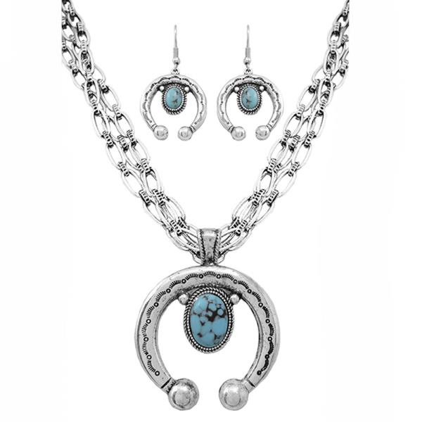 WESTERN STYLE METAL TQ STONE NECKLACE EARRING SET