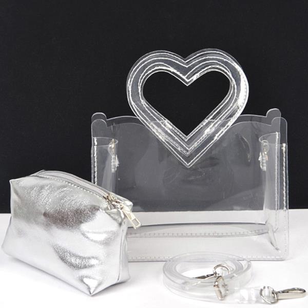 2IN1 TRANSPARENT HEART SHAPE HANDLE CLUTCH W POUCH