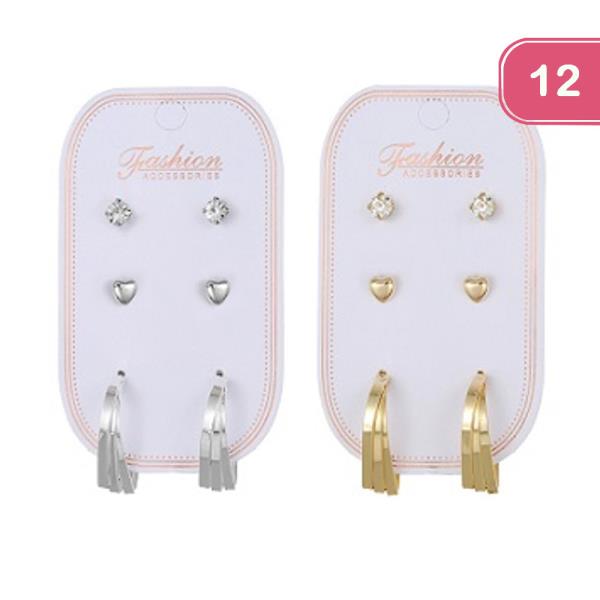 3 PAIR STUD AND HOOP EARRING SET (12 UNITS)