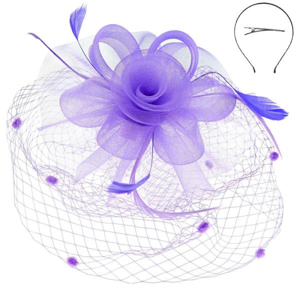 FEATHER RIBBON FLORAL POLKA DOT MESH NETTING VEIL FASCINATOR WITH HEADBAND AND CLIP