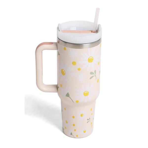 WHITE DAISY 40 oz TUMBLER W/HANDLE DOUBLE WALL STAINLESS STEEL