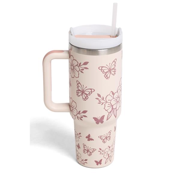 BUTTERFLIES 40 oz TUMBLER W/HANDLE DOUBLE WALL STAINLESS STEEL