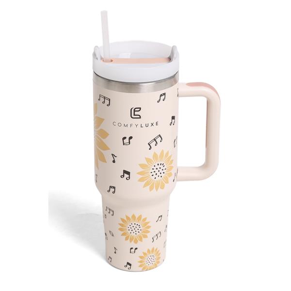 SUNFLOWERS MUSIC 40 oz TUMBLER W/HANDLE DOUBLE WALL STAINLESS STEEL
