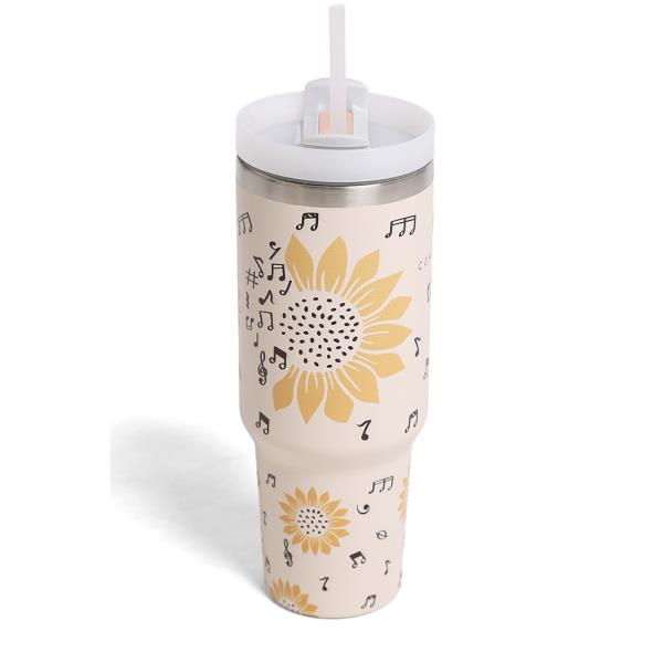 SUNFLOWERS MUSIC 40 oz TUMBLER W/HANDLE DOUBLE WALL STAINLESS STEEL