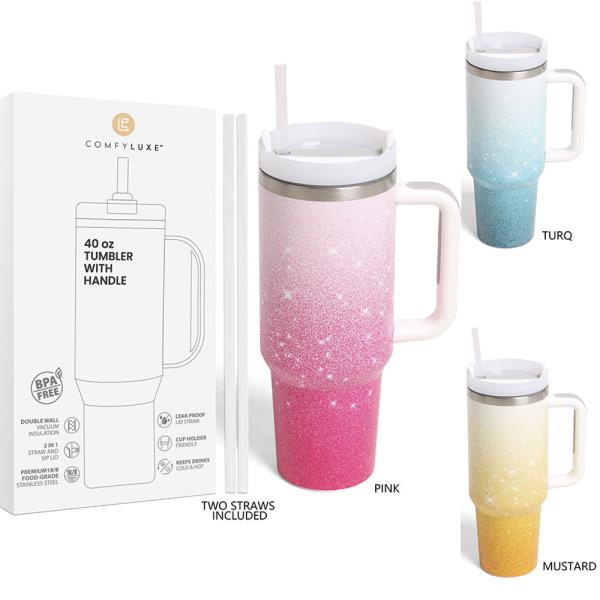 SPARKLE OMBRE 40 oz TUMBLER W/HANDLE DOUBLE WALL STAINLESS STEEL