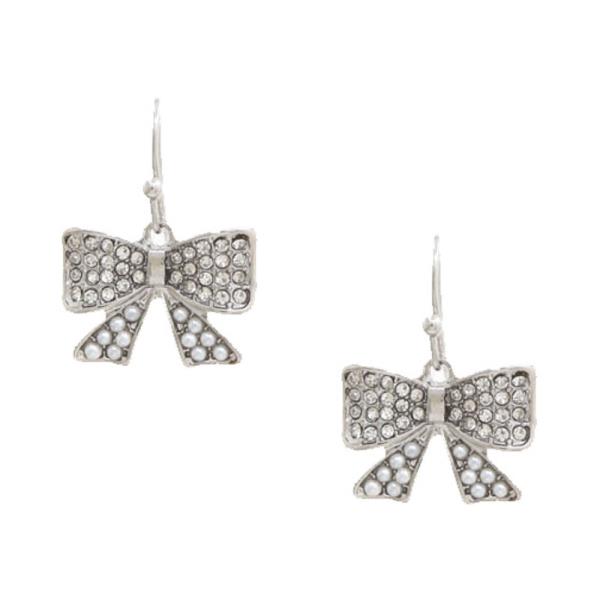 RHINESTONE PEARL BOW DANGLE EARRING