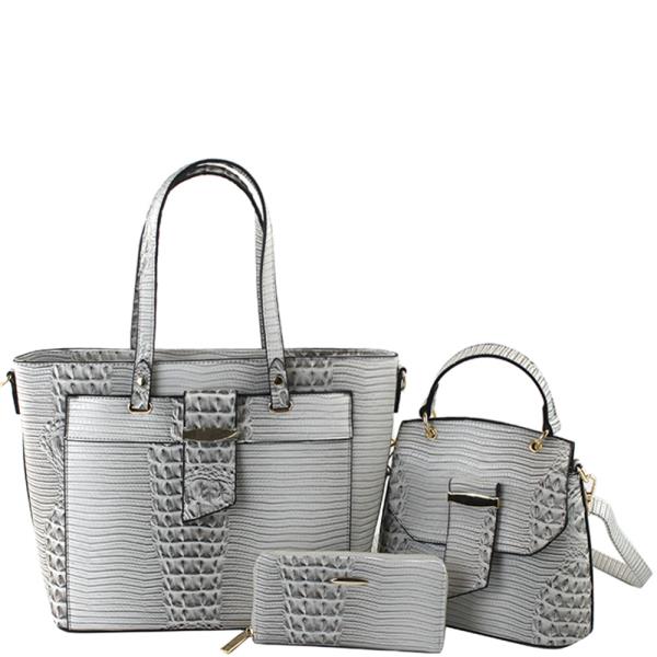 3IN1 CROC TEXTURED CHIC SATCHEL W HANDLE CROSSBODY AND WALLET SET