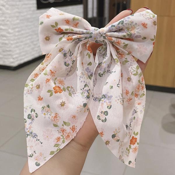 FLOWER PATTERN RIBBON HAIR BOW PIN