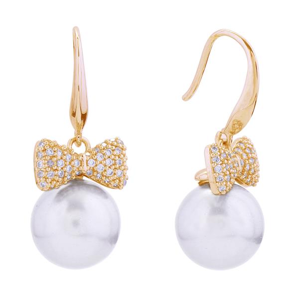 14K GOLD/WHITE GOLD DIPPED BOW PEARL DROP POST EARRINGS
