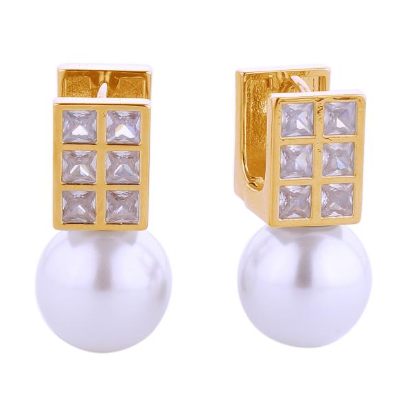 14K GOLD/WHITE GOLD DIPPED SQUARE CZ PEARL DROP HUGGIE EARRINGS