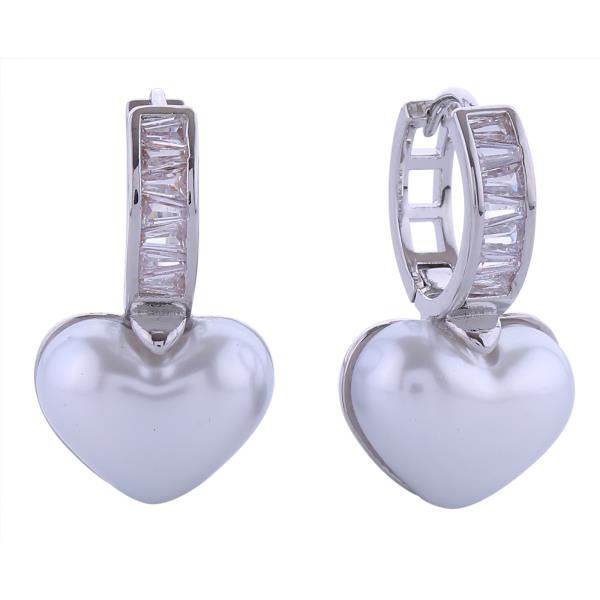 14K GOLD/WHITE GOLD DIPPED HEART PEARL DANGLE HUGGIE EARRINGS