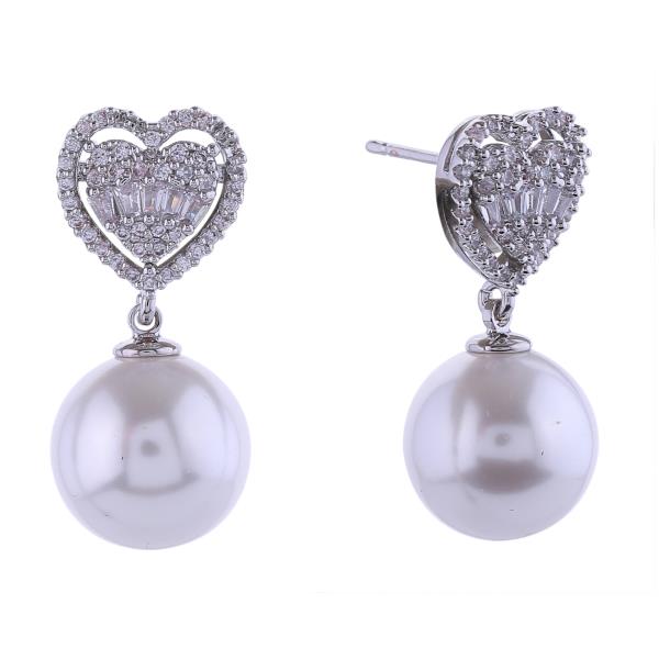 14K GOLD/WHITE GOLD DIPPED CRYSTAL HEART TOP PEARL DANGLE EARIINGS