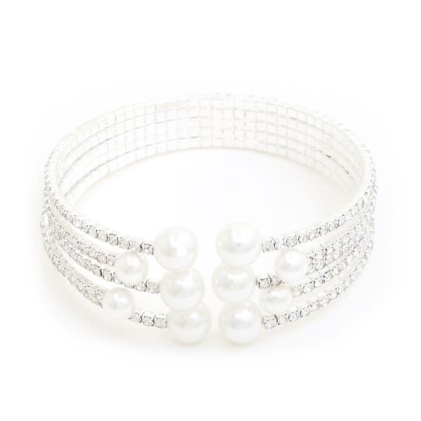 RHINESTONE PEARL WIRE CUFF BRACELET