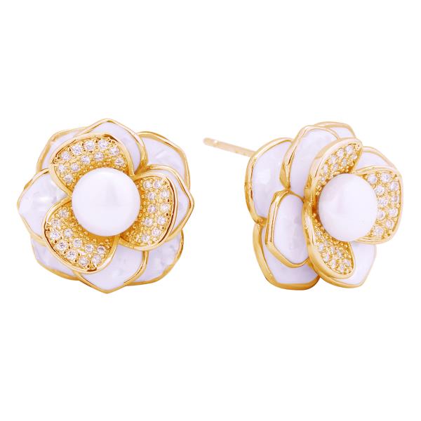 14K GOLD/WHITE GOLD DIPPED PEONY PEARL POST EARRINGS