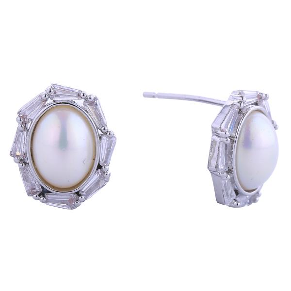 14K GOLD/WHITE GOLD DIPPED OVAL PEARL PAVE CZ POST EARRINGS