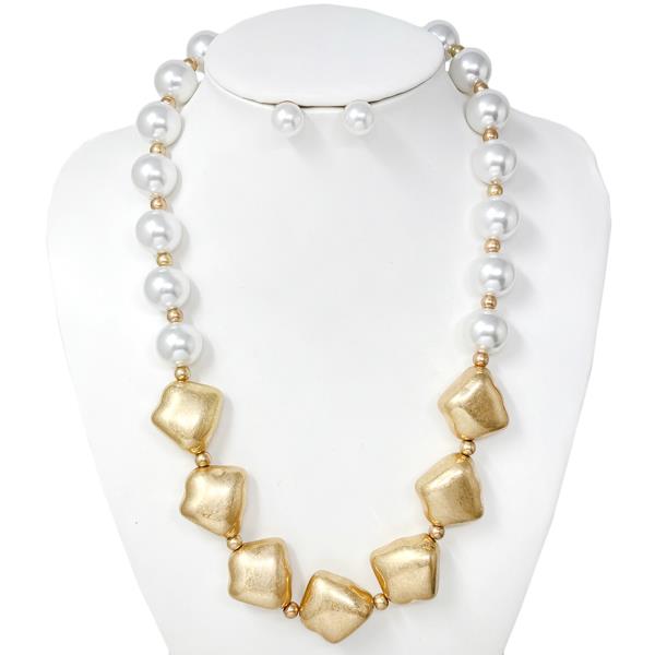 PEARL METAL CHUNKY NECKLACE EARRING SET