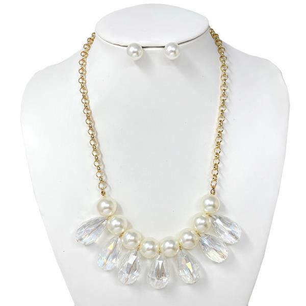 PEARL STONE CHUNKY PENDANT NECKLACE EARRING SET