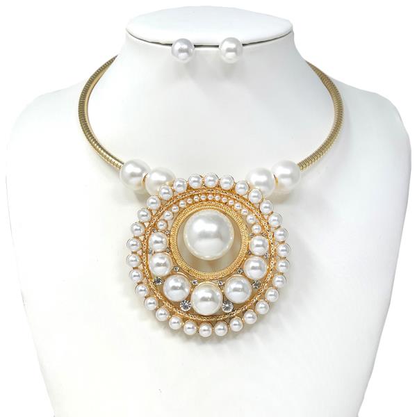 PEARL METAL CHUNKY PENDANT NECKLACE EARRING SET