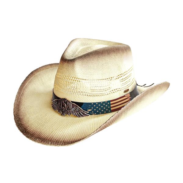 CC TEA-STAIN VENTED COWBOY HAT WITH THE AMERICAN FLAG TRIM BAND