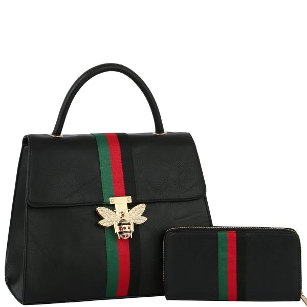 2IN1 SMOOTH STRIPE BUG SATCHEL W WALLET SET