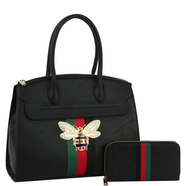 2IN1 SMOOTH STRIPE BUG HANDLE SATCHEL W WALLET SET