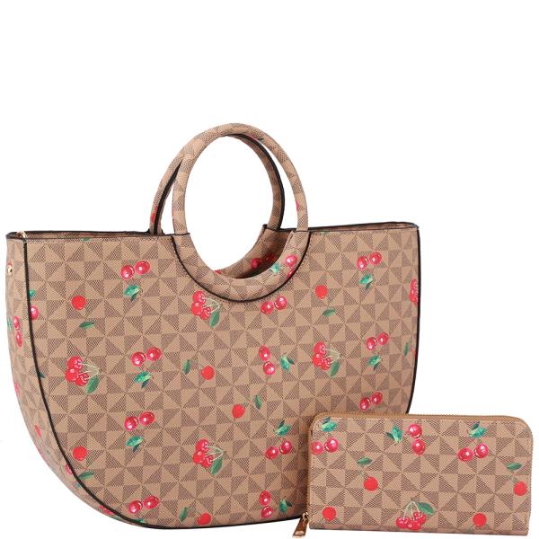 2IN1 MONOGRAM CHERRY PRINT HALF MOON HANDLE SATCHEL W WALLET SET