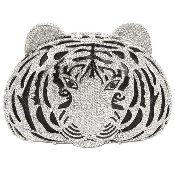 RHINESTONE TIGER FACE CLUTCH BAG