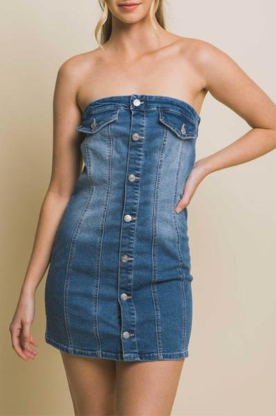 ($17.50/EA X 6 PCS) Denim Tube Sleeveless Button Short Dress