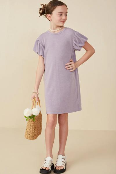 ($29.95/EA X 4 PCS) Girls Gathered Puff Sleeve French Terry Knit Dress
