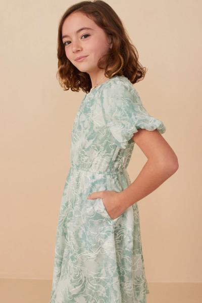 ($31.75/EA X 4 PCS) Girls Floral Textured Printed Mesh Puff Sleeve Dress