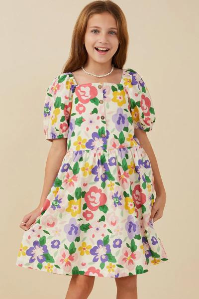 ($29.95/EA X 4 PCS) Girls Floral Print Buttoned Square Neck Dress